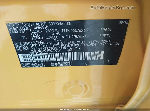 JTMRJREV6JD249362 2018 TOYOTA RAV4 HYBRID Yellow Engine compartment view
