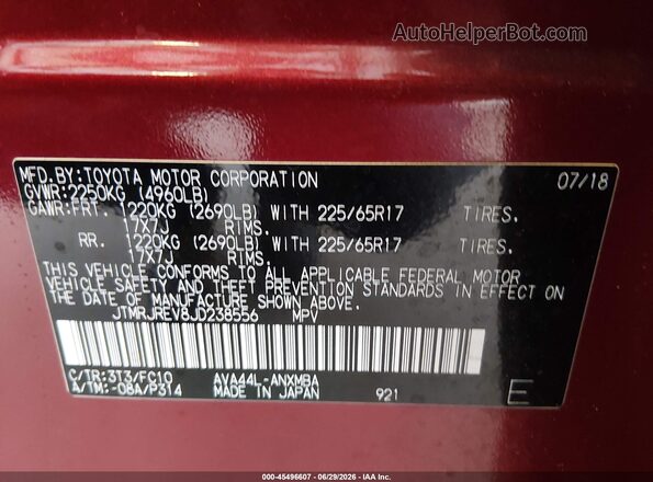 JTMRJREV8JD238556 2018 TOYOTA RAV4 HYBRID Red Vista del compartimento del motor