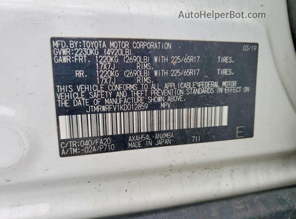 JTMRWRFV1KD012859 2019 TOYOTA RAV4 White Vista de la etiqueta del VIN