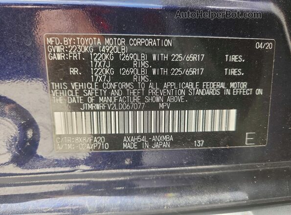 JTMRWRFV2LD067077 2020 TOYOTA RAV4 Blue VIN sticker view