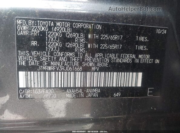 JTMRWRFV3RJ061668 2024 TOYOTA RAV4 HYBRID Gray Widok komory silnika