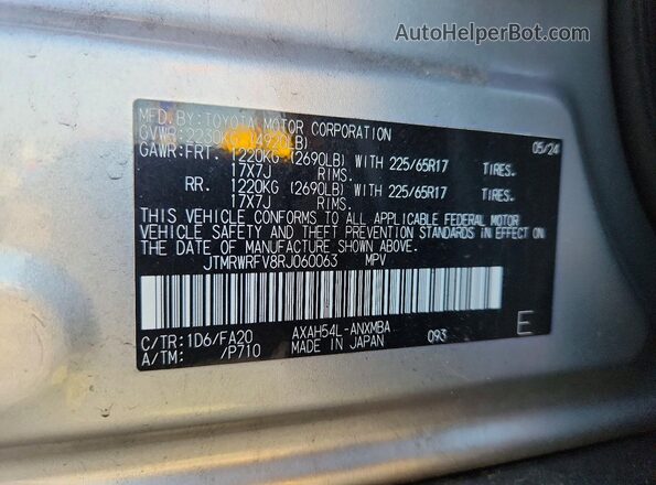 JTMRWRFV8RJ060063 2024 TOYOTA RAV4 Silver VIN sticker view