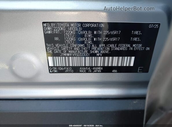 JTMRWRFV9SD333001 2025 TOYOTA RAV4 HYBRID Silver Widok komory silnika
