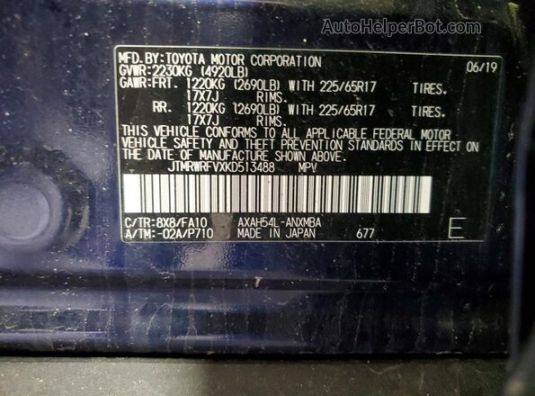 JTMRWRFVXKD513488 2019 TOYOTA RAV4 Blue VIN կոդի պիտակի տեսք