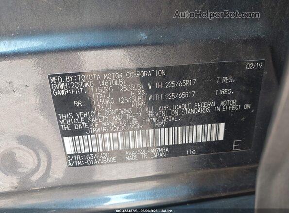 JTMW1RFV2KD019949 2019 TOYOTA RAV4 Gray Շարժիչի բաժամունքի տեսք
