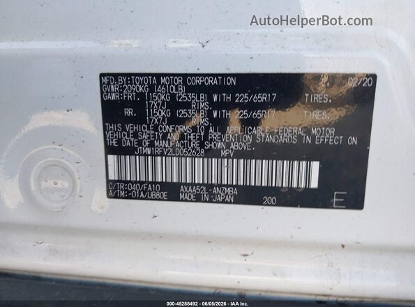 JTMW1RFV2LD052628 2020 TOYOTA RAV4 Белый Вид подкапотного пространства