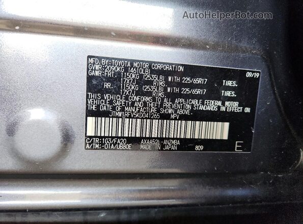 JTMW1RFV5KD041265 2019 TOYOTA RAV4 Gray VIN sticker view