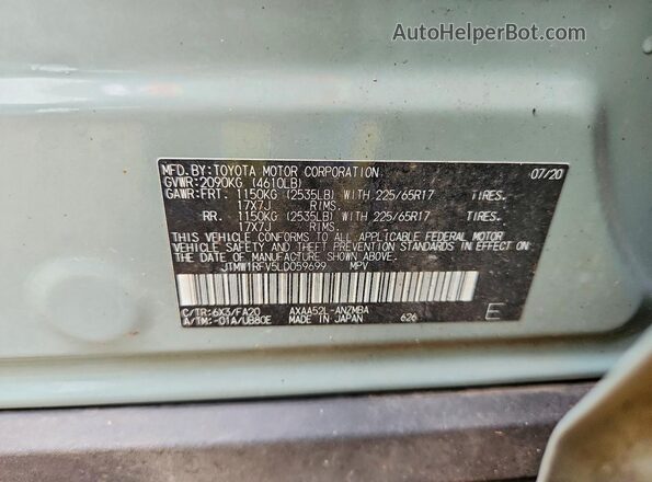 JTMW1RFV5LD059699 2020 TOYOTA RAV4 Серый Панорамный вид салона 360°