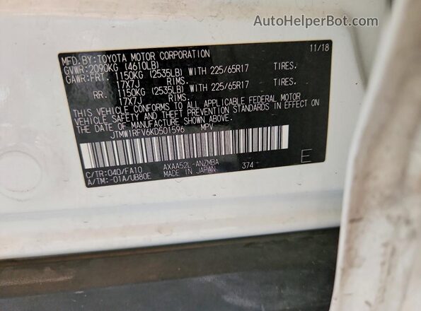 JTMW1RFV6KD501596 2019 TOYOTA RAV4 White Widok naklejki z numerem VIN