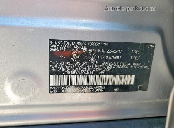 JTMW1RFV6LD043415 2020 TOYOTA RAV4 Серебряный Вид наклейки с VIN-кодом