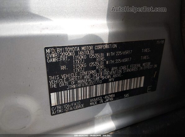 JTMW1RFV7KJ001710 2019 TOYOTA RAV4 Silver Widok komory silnika