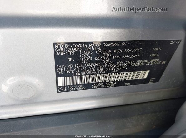 JTMW1RFV8KD511773 2019 TOYOTA RAV4 Silver ძრავის განყოფილების ხედი