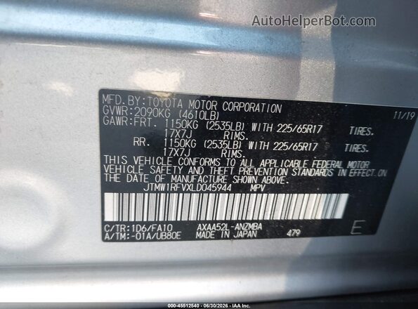 JTMW1RFVXLD045944 2020 TOYOTA RAV4 Silver Vista del compartimento del motor