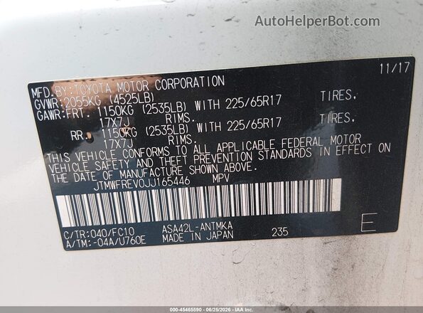 JTMWFREV0JJ165446 2018 TOYOTA RAV4 White Вид підкапотного простору