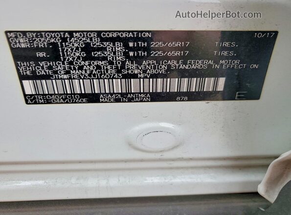 JTMWFREV3JJ160743 2018 TOYOTA RAV4 White VIN կոդի պիտակի տեսք