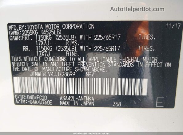 JTMWFREV4JJ728899 2018 TOYOTA RAV4 White Engine compartment view