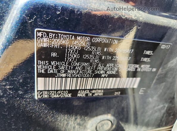 JTMWFREV5HD100617 2017 TOYOTA RAV4 Blue Vista del compartimento del motor