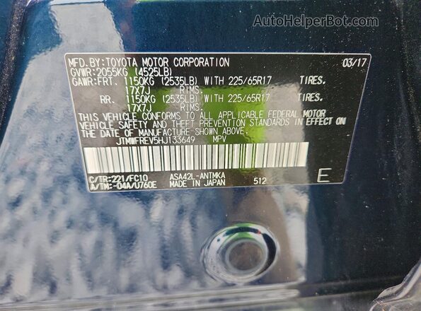 JTMWFREV5HJ133649 2017 TOYOTA RAV4 Blue Widok naklejki z numerem VIN