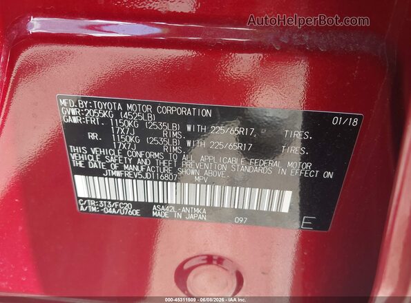 JTMWFREV5JD116807 2018 TOYOTA RAV4 Красный Вид подкапотного пространства