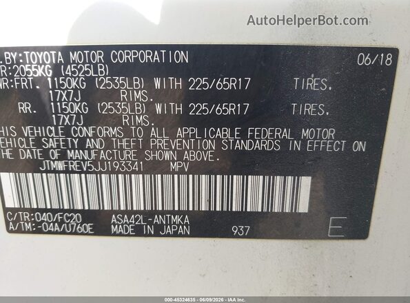 JTMWFREV5JJ193341 2018 TOYOTA RAV4 White Vista del compartimento del motor