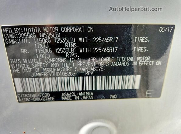 JTMWFREV7HD105205 2017 TOYOTA RAV4 White VIN sticker view