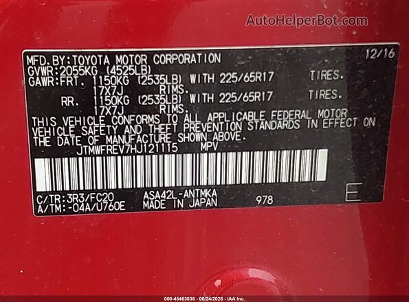 JTMWFREV7HJ121115 2017 TOYOTA RAV4 Red Vista del compartimento del motor