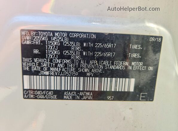 JTMWFREV7JJ752159 2018 TOYOTA RAV4 White VIN კოდის სტიკერის ხედი