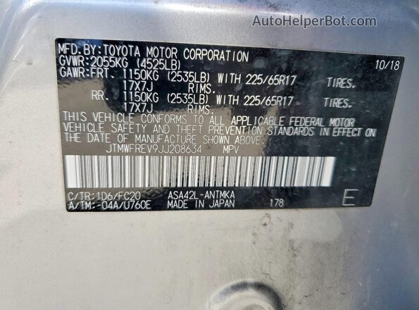 JTMWFREV9JJ208634 2018 TOYOTA RAV4 Silver VIN կոդի պիտակի տեսք