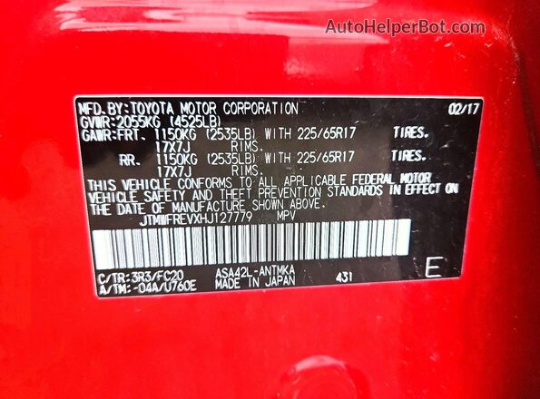 JTMWFREVXHJ127779 2017 TOYOTA RAV4 Red 