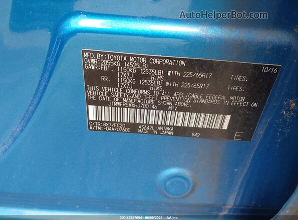 JTMWFREVXHJ700146 2017 TOYOTA RAV4 Blue Engine compartment view
