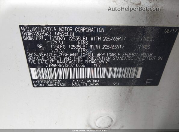 JTMWFREVXHJ718856 2017 TOYOTA RAV4 White Вид підкапотного простору