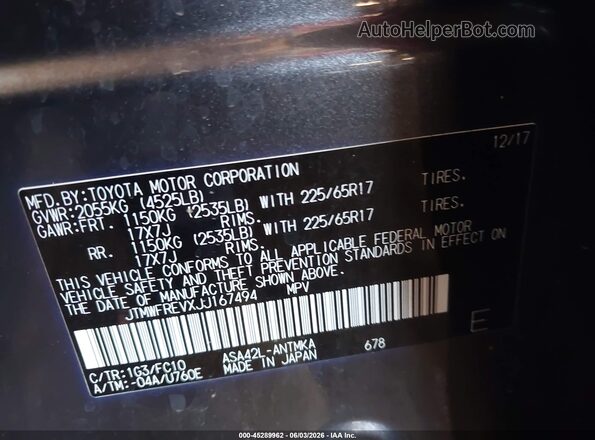 JTMWFREVXJJ167494 2018 TOYOTA RAV4 Gray ძრავის განყოფილების ხედი