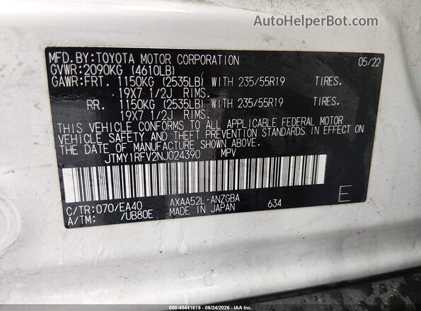 JTMY1RFV2NJ024390 2022 TOYOTA RAV4 Белый Вид подкапотного пространства