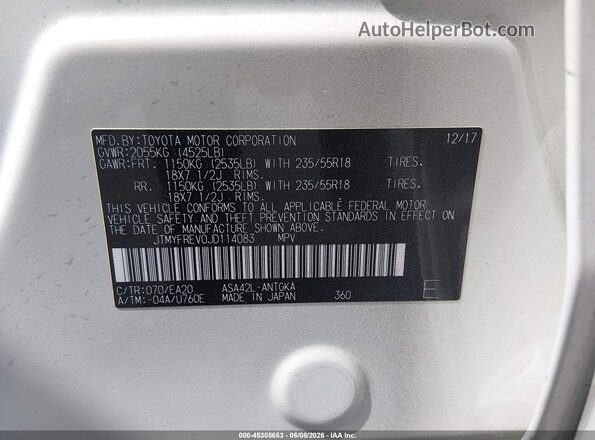 JTMYFREV0JD114083 2018 TOYOTA RAV4 White Engine compartment view