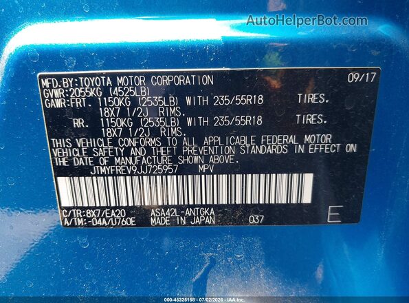 JTMYFREV9JJ725957 2018 TOYOTA RAV4 Blue Engine compartment view