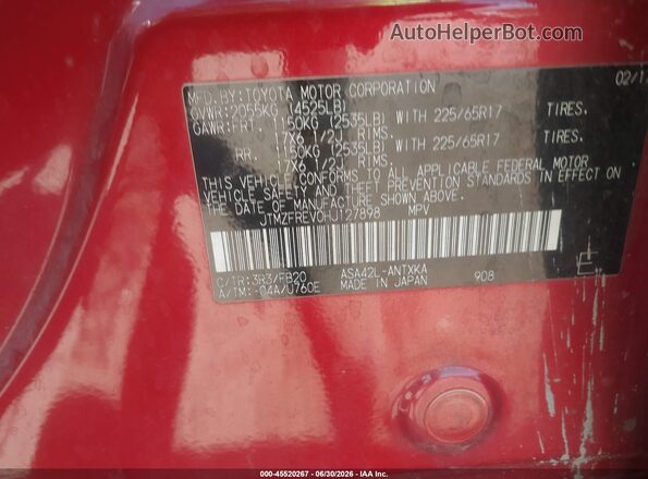 JTMZFREV0HJ127898 2017 TOYOTA RAV4 Red Engine compartment view