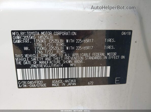 JTMZFREV0JJ185614 2018 TOYOTA RAV4 White Вид підкапотного простору