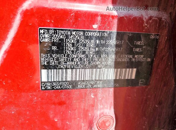 JTMZFREV1GJ091721 2016 TOYOTA RAV4 Red Widok naklejki z numerem VIN