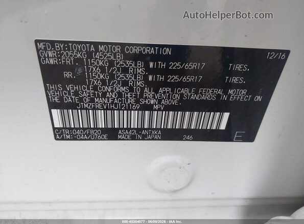 JTMZFREV1HJ121169 2017 TOYOTA RAV4 White Vista del compartimento del motor