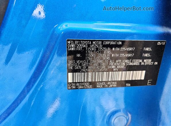 JTMZFREV1JJ745155 2018 TOYOTA RAV4 Blue Vista del compartimento del motor