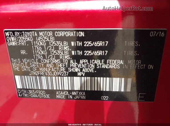 JTMZFREV3GJ099237 2016 TOYOTA RAV4 Red Շարժիչի բաժամունքի տեսք