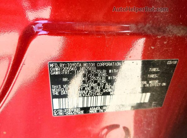 JTMZFREV3JD121467 2018 TOYOTA RAV4 Red Вид наклейки з VIN-кодом