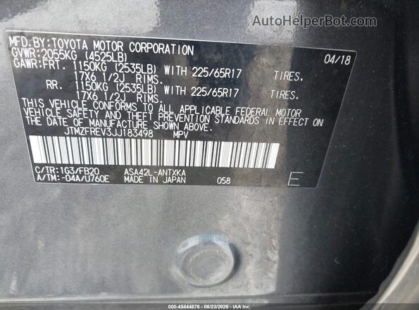 JTMZFREV3JJ183498 2018 TOYOTA RAV4 Gray Engine compartment view