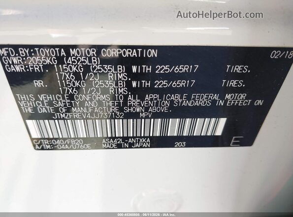 JTMZFREV4JJ737132 2018 TOYOTA RAV4 White ძრავის განყოფილების ხედი