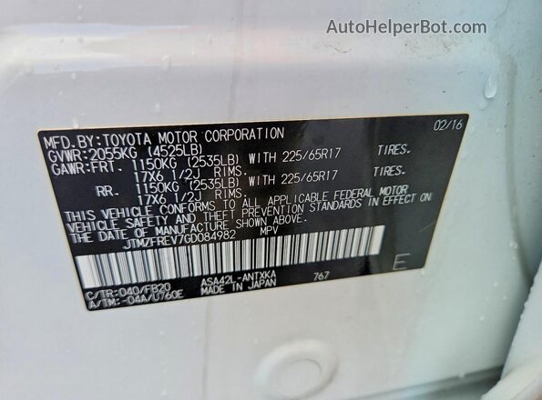 JTMZFREV7GD084982 2016 TOYOTA RAV4 White VIN კოდის სტიკერის ხედი