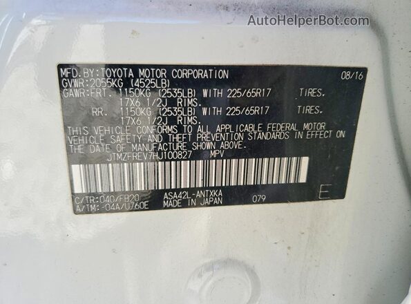 JTMZFREV7HJ100827 2017 TOYOTA RAV4 White Vista de la etiqueta del VIN