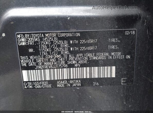 JTMZFREV8JJ175798 2018 TOYOTA RAV4 Gray Widok komory silnika