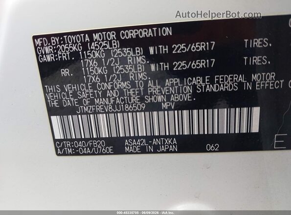 JTMZFREV8JJ186509 2018 TOYOTA RAV4 Белый Вид подкапотного пространства