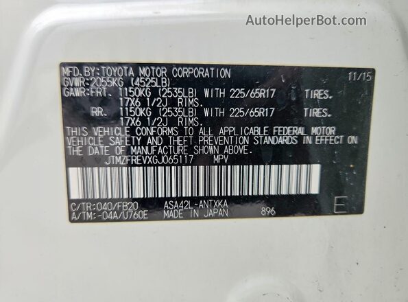 JTMZFREVXGJ065117 2016 TOYOTA RAV4 White Widok naklejki z numerem VIN