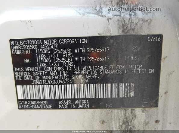 JTMZFREVXGJ096724 2016 TOYOTA RAV4 White 